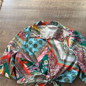 Vibrant Patterned Tie-Front Blouse in Turquoise & Coral
